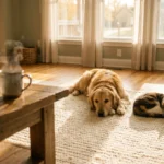 A golden retriever and a calico cat resting together in a sun-lit, cozy living room, illustrating a peaceful home environment.