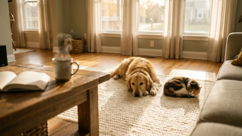 A golden retriever and a calico cat resting together in a sun-lit, cozy living room, illustrating a peaceful home environment.