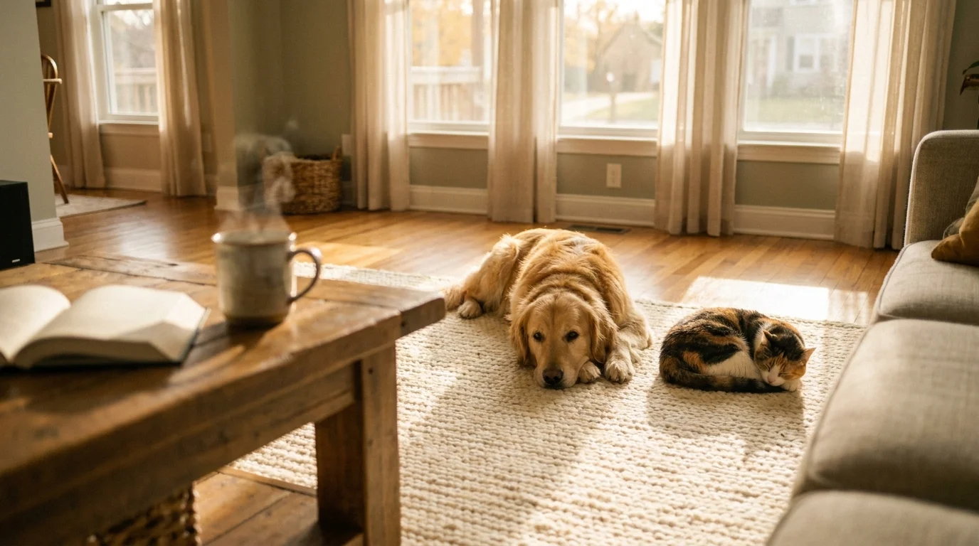A golden retriever and a calico cat resting together in a sun-lit, cozy living room, illustrating a peaceful home environment.