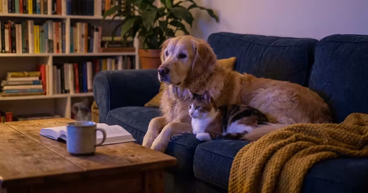 A golden retriever and a calico cat sit together on a blue sofa in a dark room, lit by the colorful glow of a television screen.