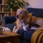 A golden retriever and a calico cat sit together on a blue sofa in a dark room, lit by the colorful glow of a television screen.