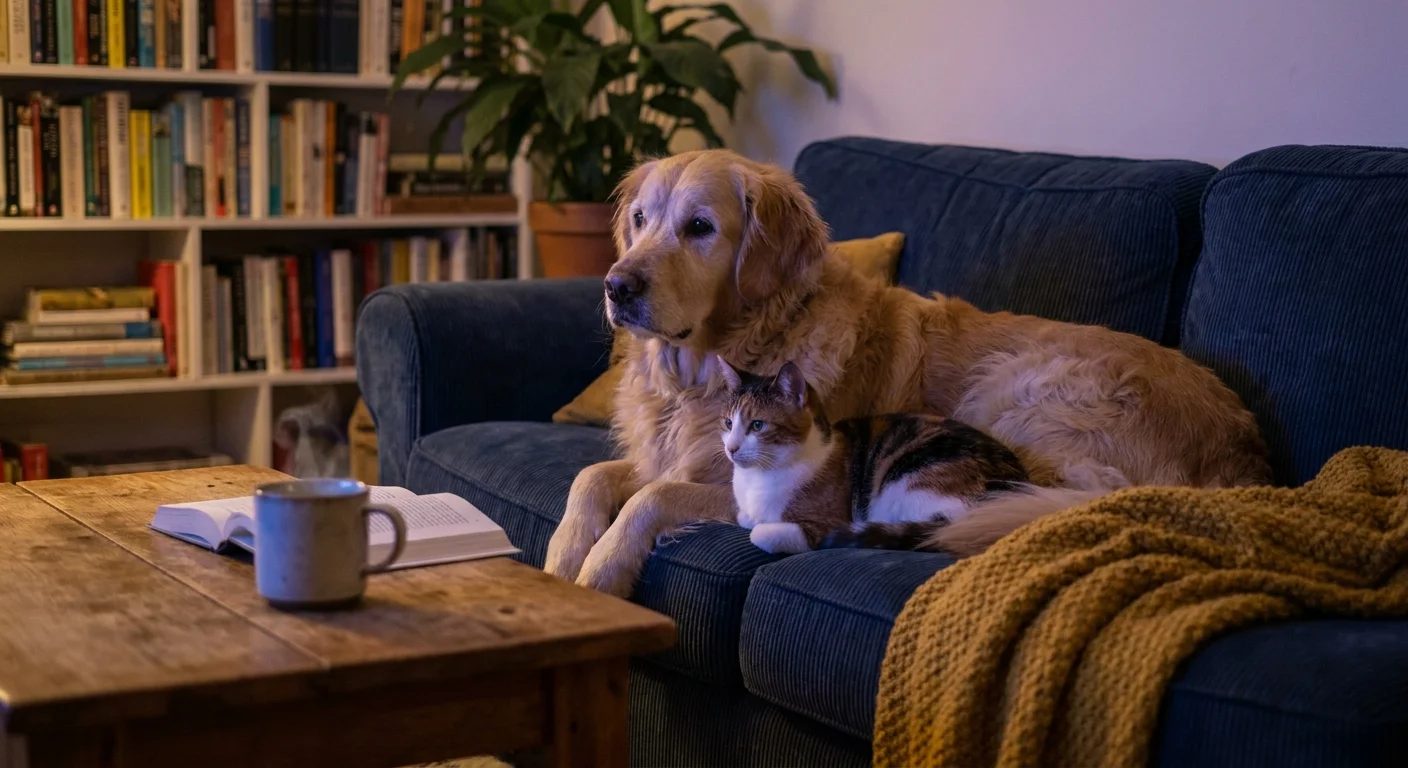 A golden retriever and a calico cat sit together on a blue sofa in a dark room, lit by the colorful glow of a television screen.