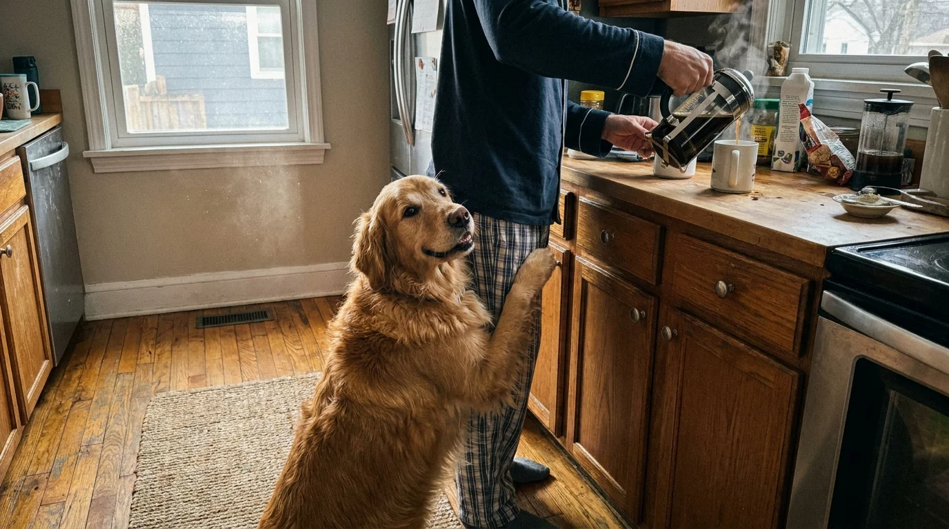 A Golden Retriever leans affectionately against its owner's leg in a sunlit, messy morning kitchen.