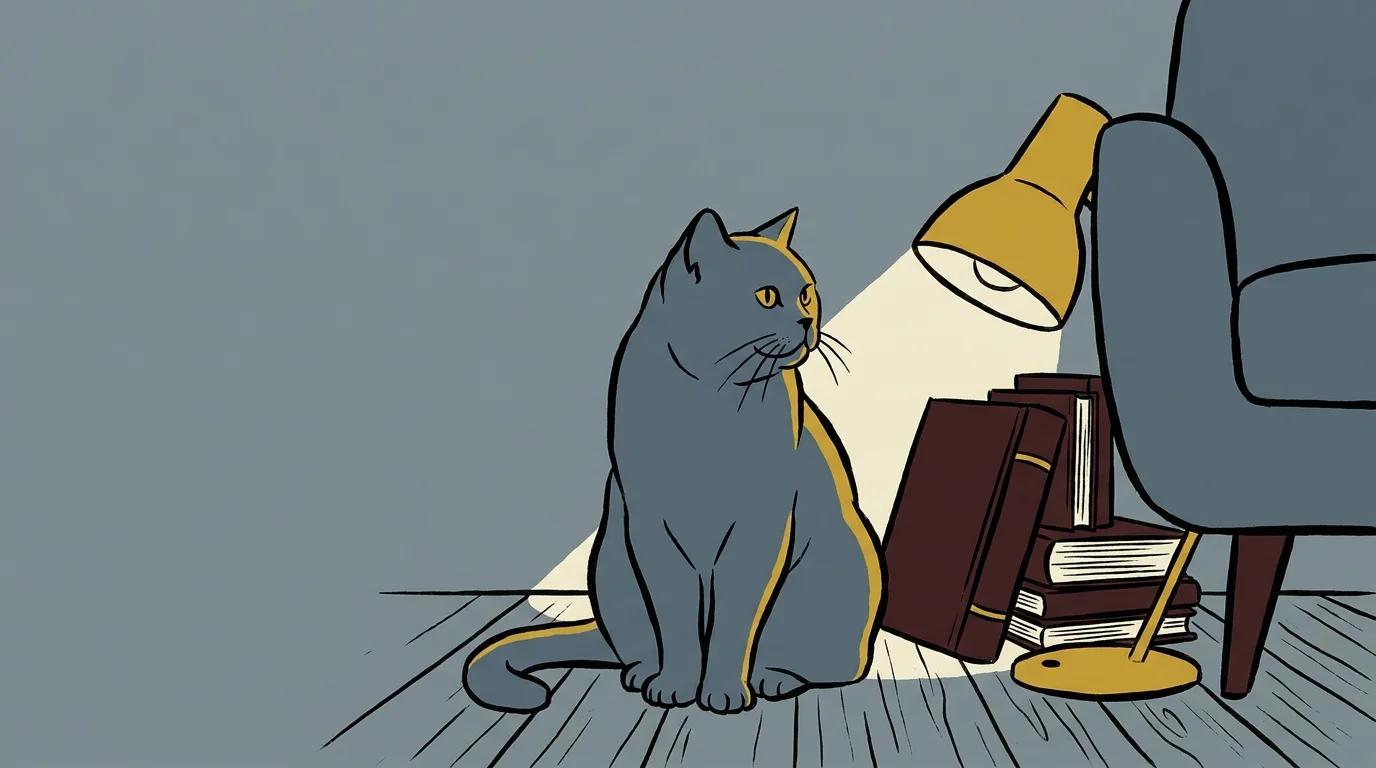 A gouache illustration of a round-faced British Shorthair cat sitting independently by a stack of books.