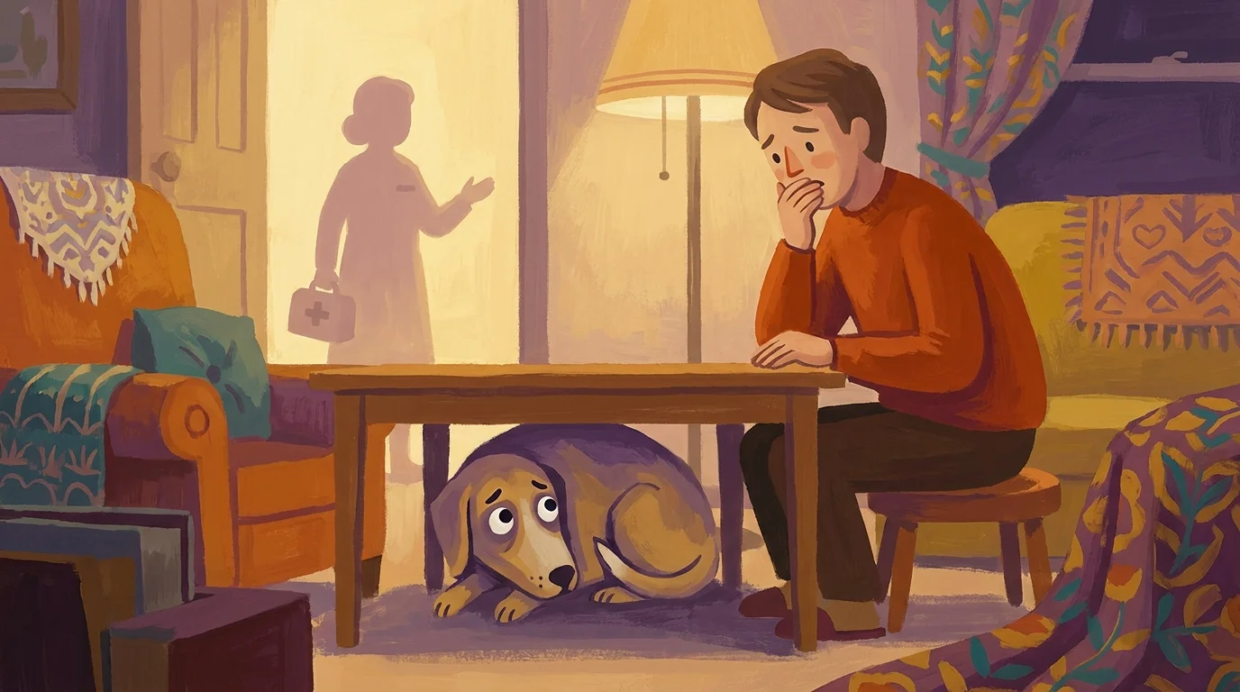 A gouache painting of a concerned owner looking at their stressed dog, with a professional helper's silhouette in the background.
