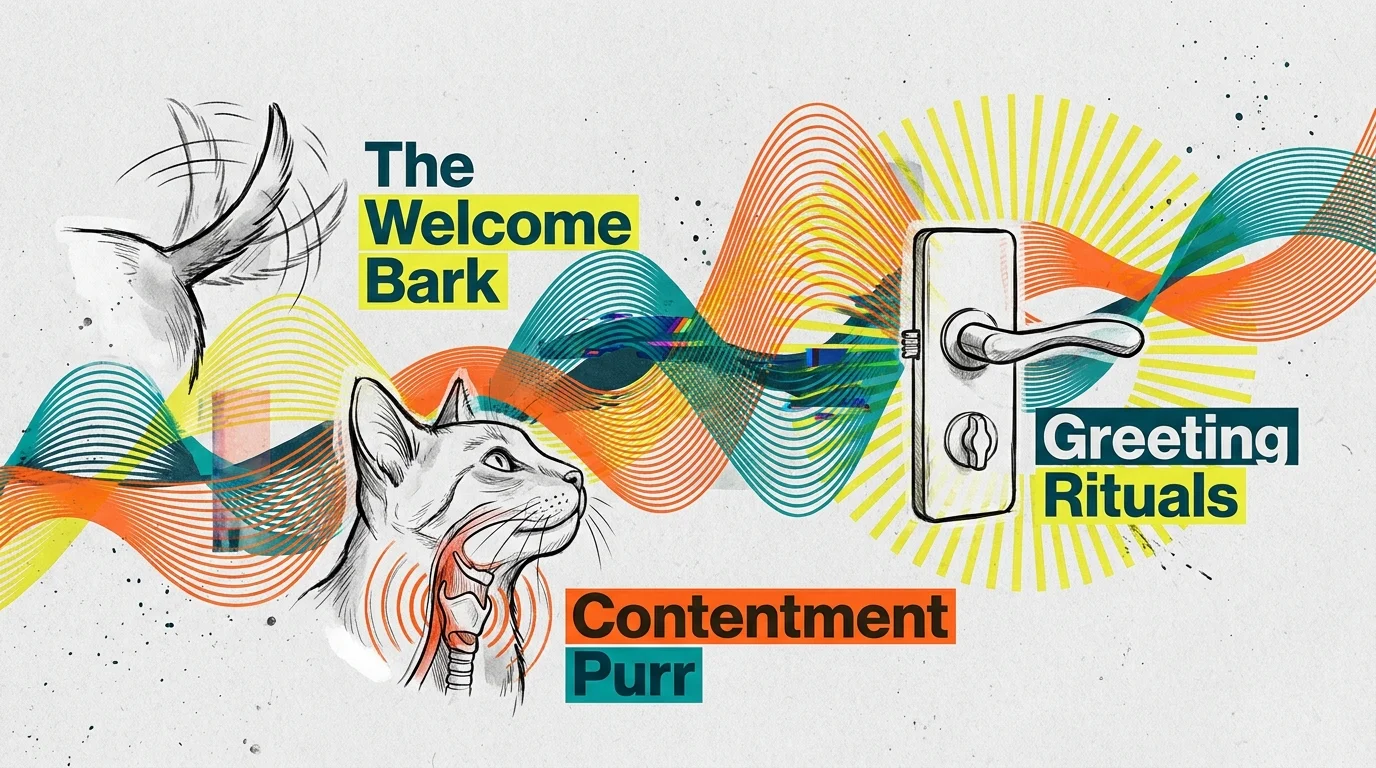 A graphic illustration using sound waves and icons to represent the different ways pets vocalize greetings.