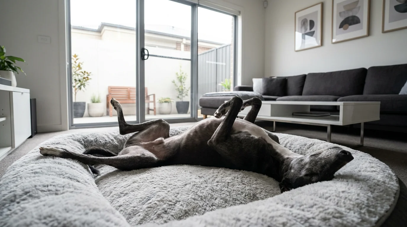 A Greyhound lying on its back on a dog bed in a modern, peaceful living room.