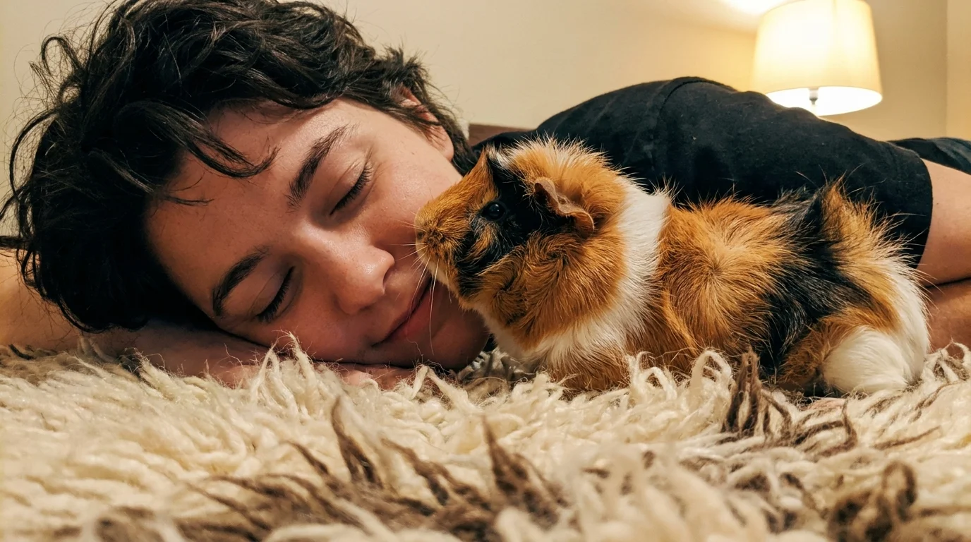 A guinea pig lies nose-to-nose with its owner on a soft rug, showing a moment of quiet connection.