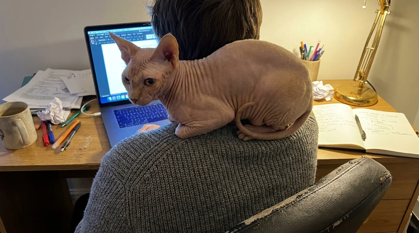 A hairless Sphynx cat sits on its owner's shoulders like a scarf while they work at a laptop.