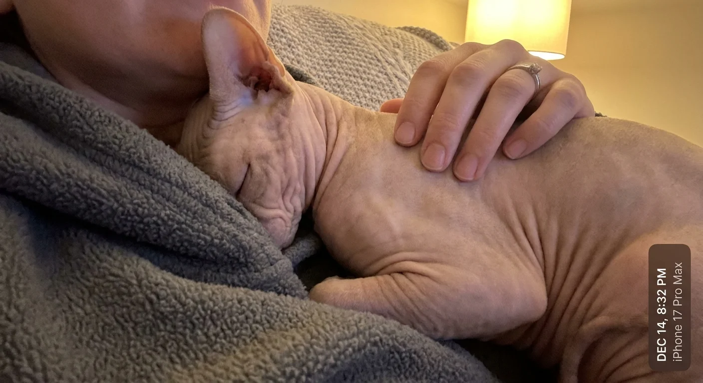 A hairless Sphynx cat snuggles against a person's neck inside their fleece hoodie for warmth.