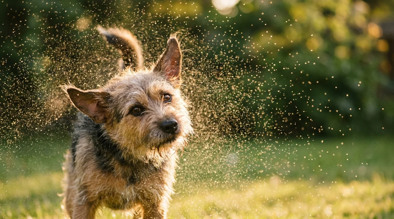 A high-speed action photo of a dog shaking its body, capturing the motion-blur of its ears and fur.