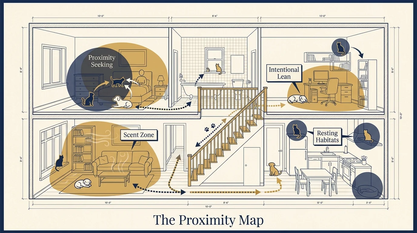 A home blueprint diagram illustrating where pets choose to rest in relation to their owners' locations.