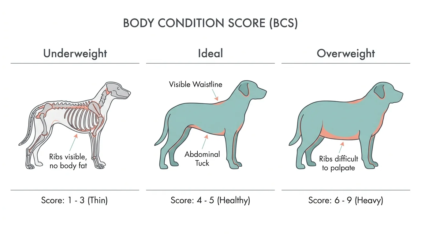 A horizontal diagram comparing dog body conditions: Underweight, Ideal, and Overweight, with labels for ribs and waistline visibility.