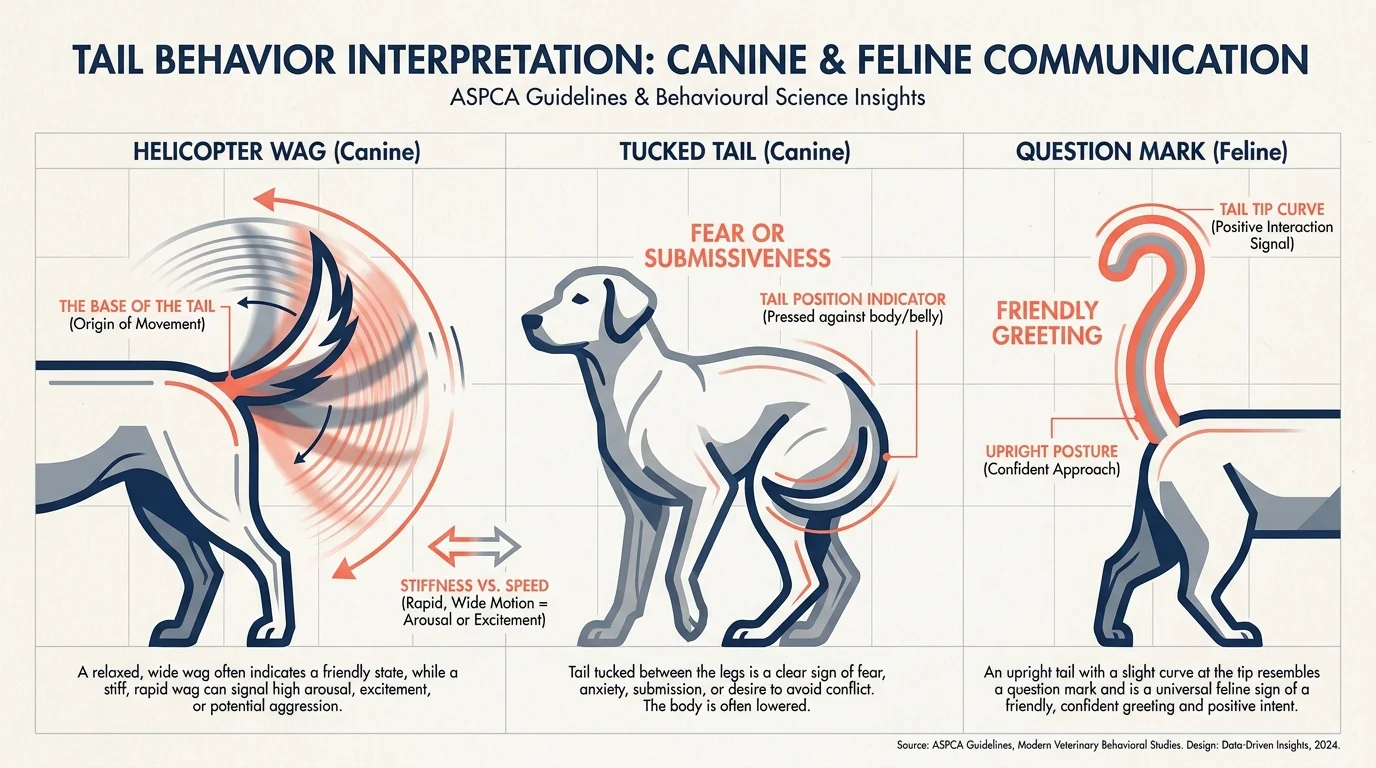 A horizontal diagram showing different tail positions for dogs and cats with labels like Helicopter Wag and Tucked Tail.