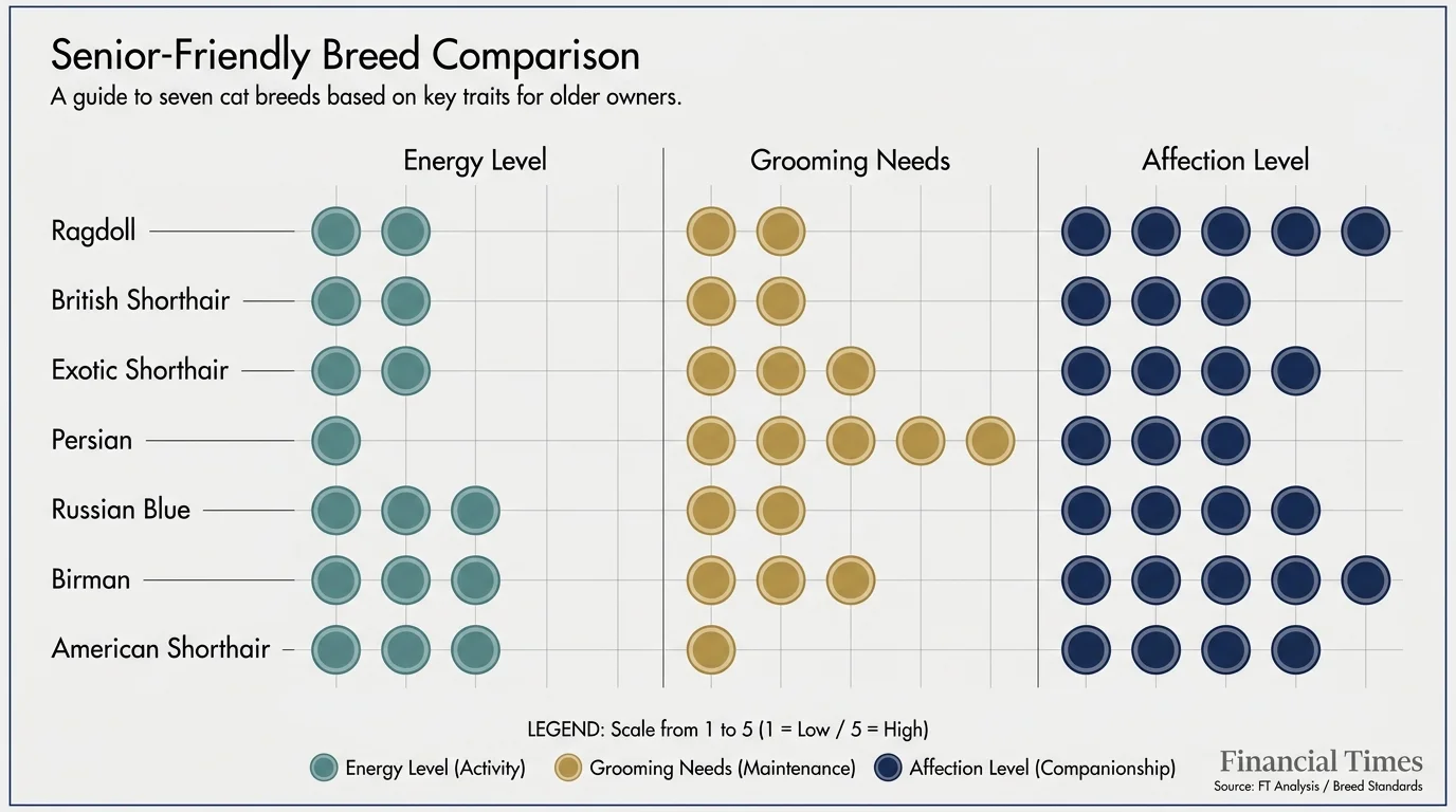 A horizontal infographic chart comparing 7 cat breeds based on energy, grooming, and affection levels.