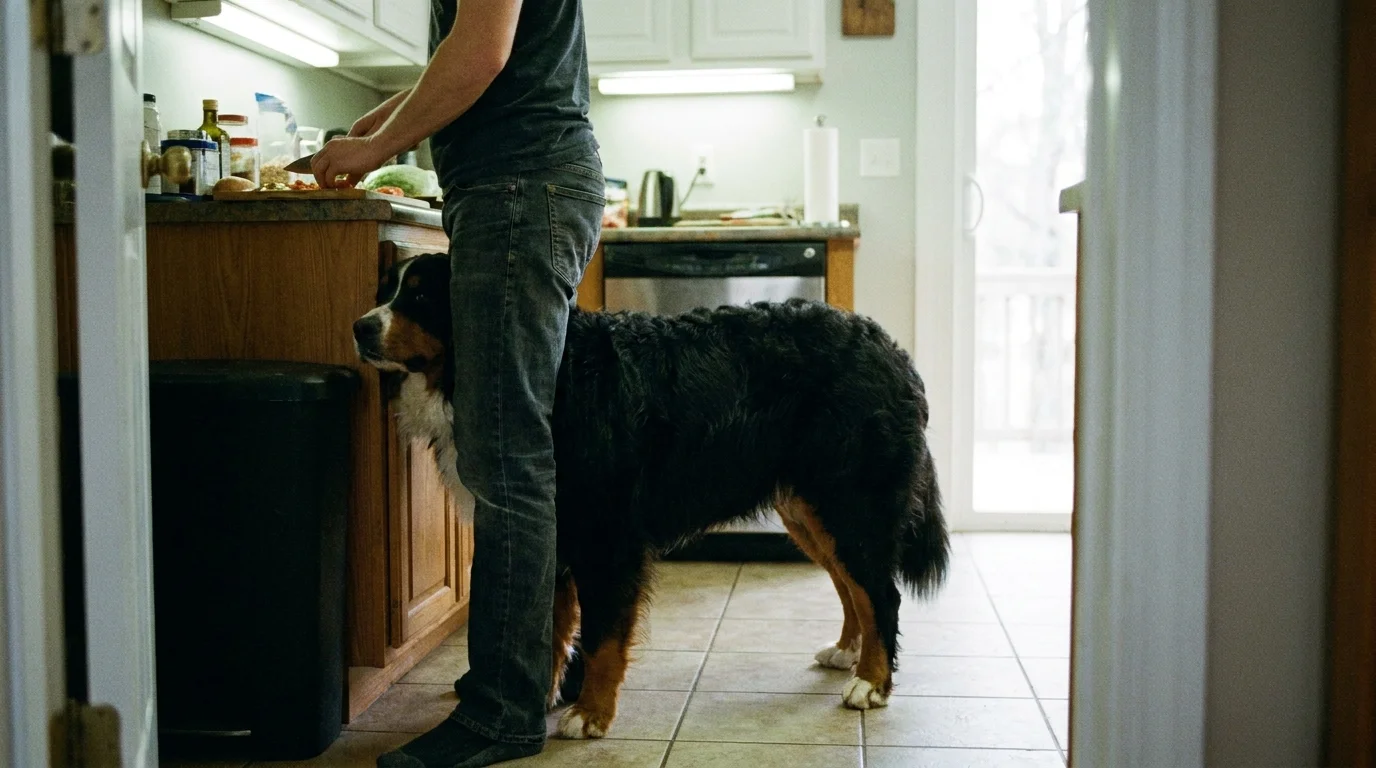 A large dog leans its body against its owner's leg in a kitchen, showing a desire for physical contact and security.