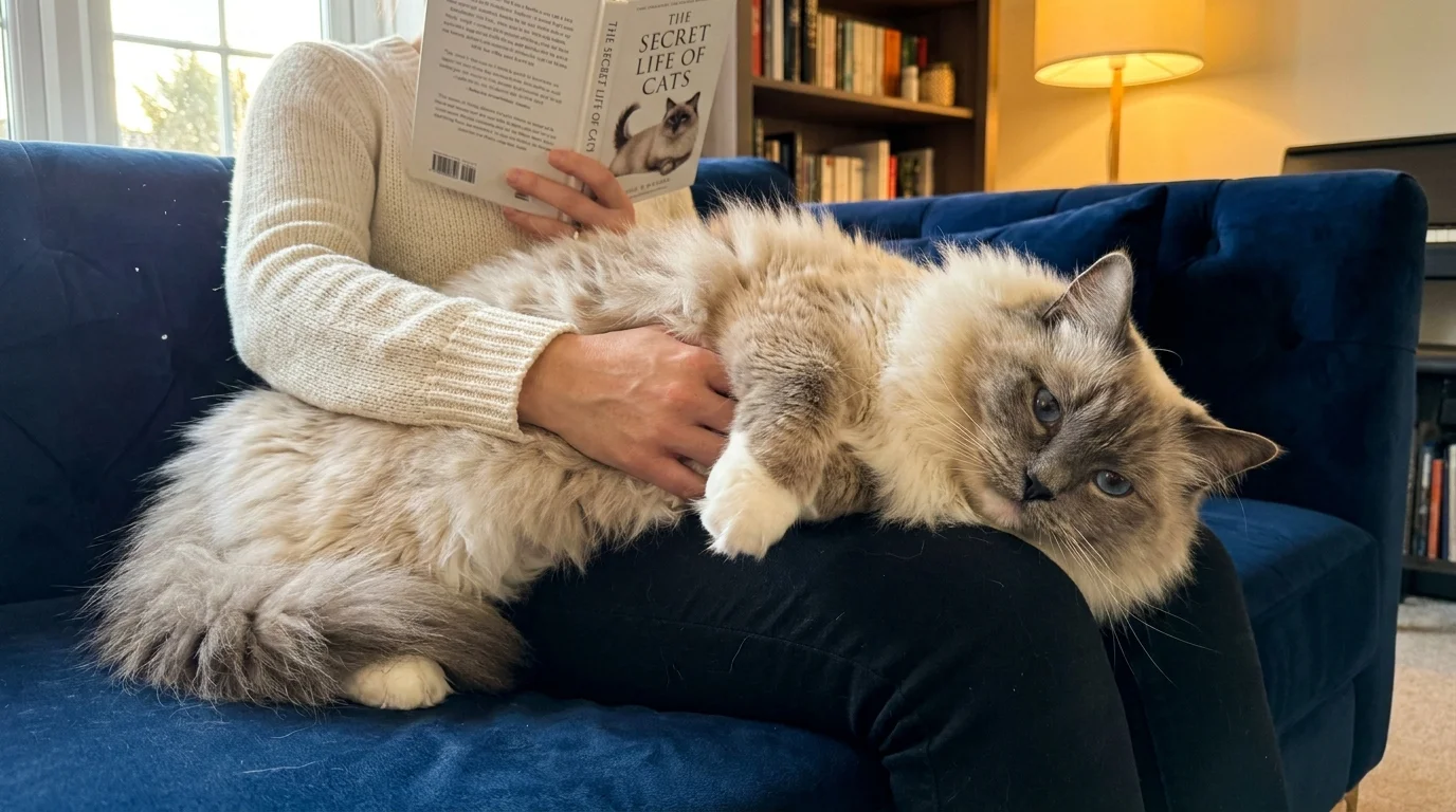 A large, fluffy Ragdoll cat lies completely limp and relaxed across its owner's lap on a blue sofa.