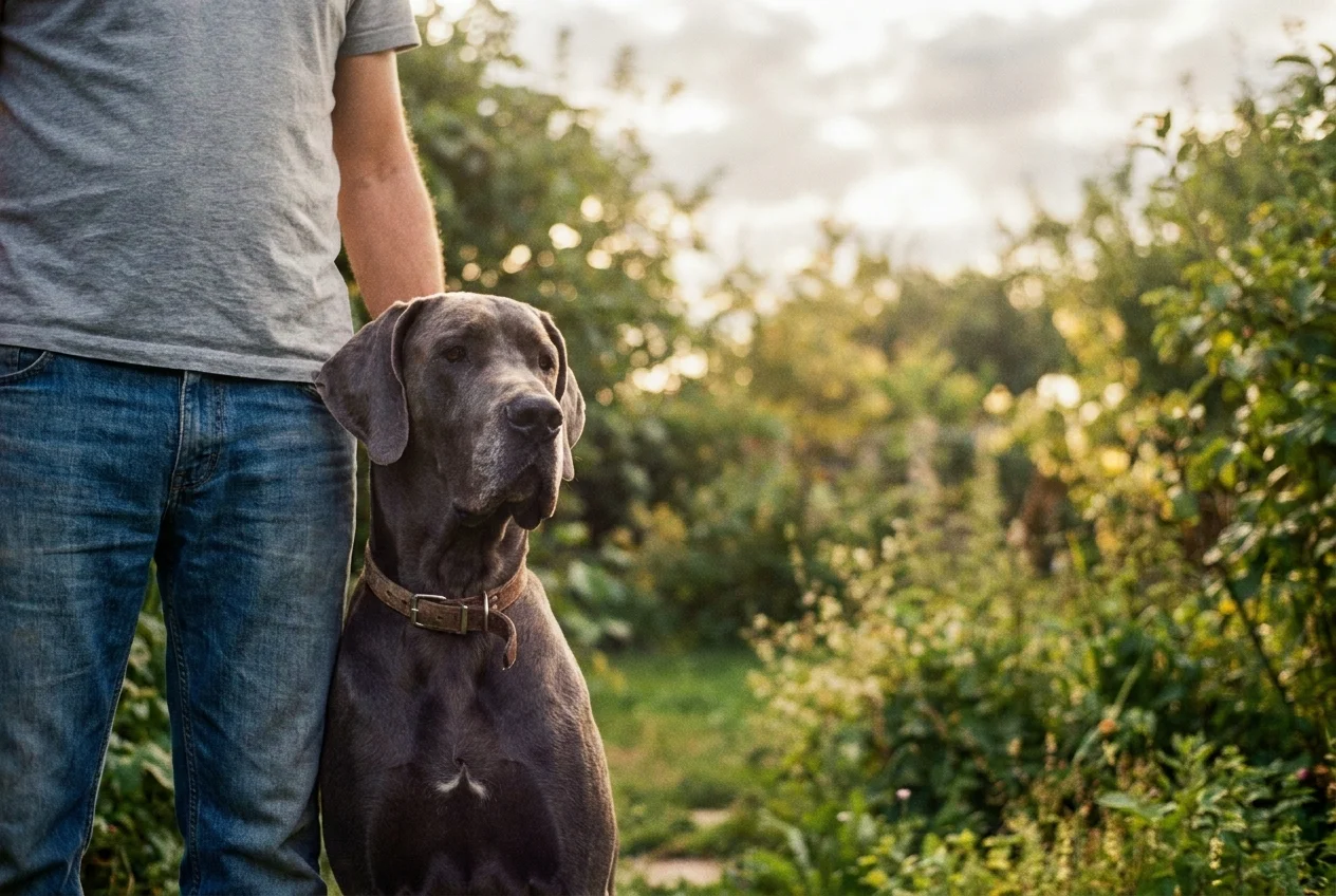 A large Great Dane leaning gently against its owner's leg in a sun-dappled garden.
