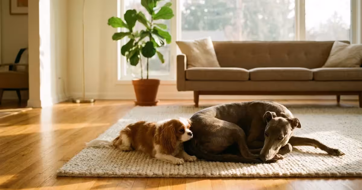 A large Greyhound and a small Cavalier King Charles Spaniel resting together on a rug in a sun-filled living room.
