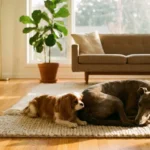 A large Greyhound and a small Cavalier King Charles Spaniel resting together on a rug in a sun-filled living room.