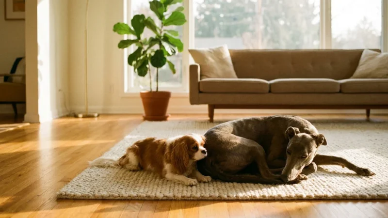 A large Greyhound and a small Cavalier King Charles Spaniel resting together on a rug in a sun-filled living room.