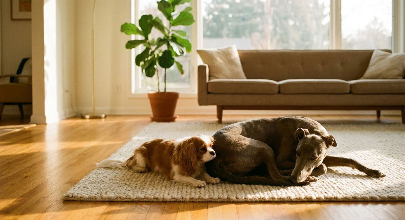 A large Greyhound and a small Cavalier King Charles Spaniel resting together on a rug in a sun-filled living room.