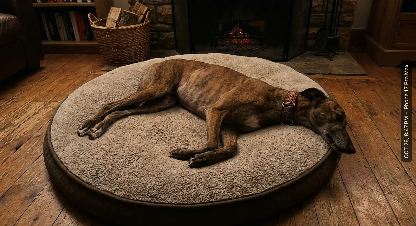 A large Greyhound sleeps soundly on a big dog bed in a cozy room by a fireplace.