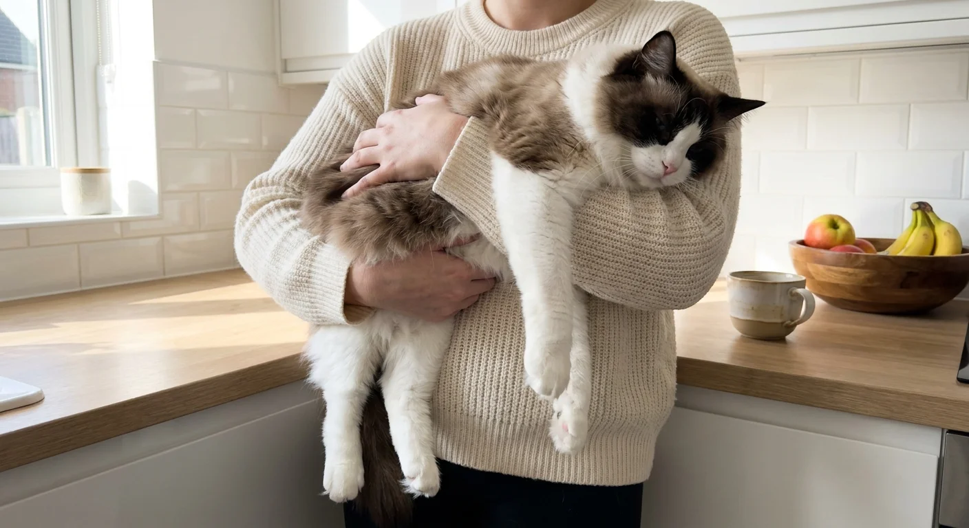 A large Ragdoll cat goes completely limp and relaxed while being held by its owner in a bright kitchen.
