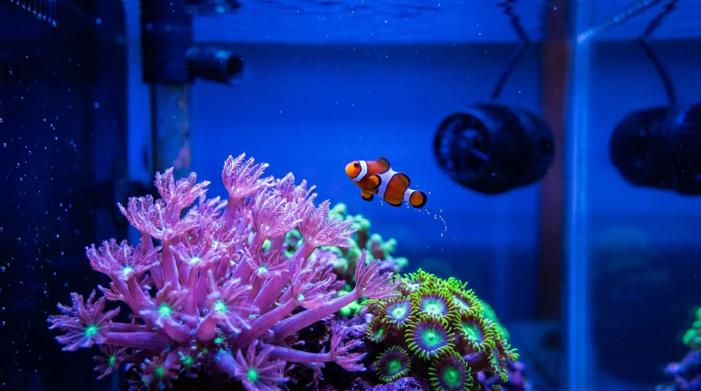 A macro view of glowing coral and a clownfish in a saltwater tank, highlighting the beauty and complexity of reef keeping.
