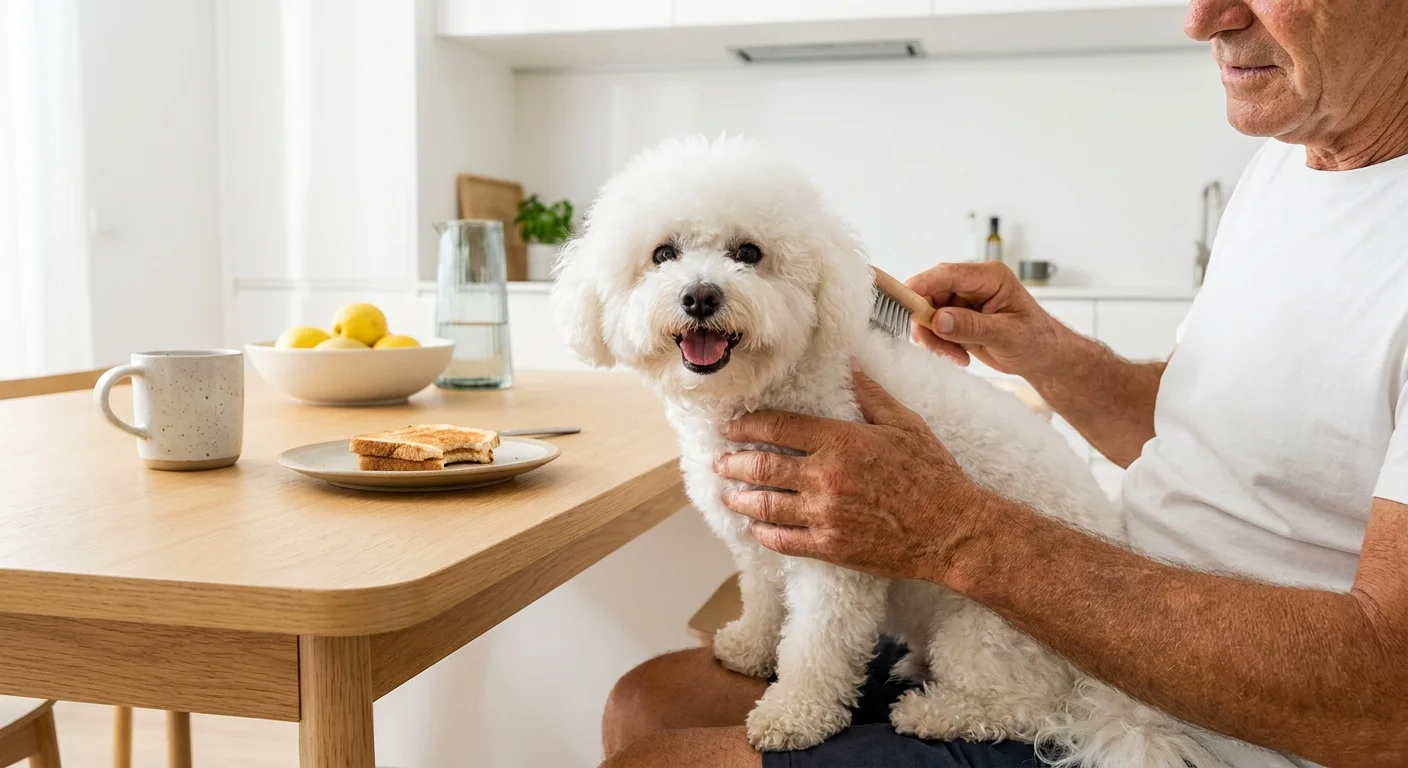 A man gently brushing a small, white Bichon Frise while sitting at a kitchen table.