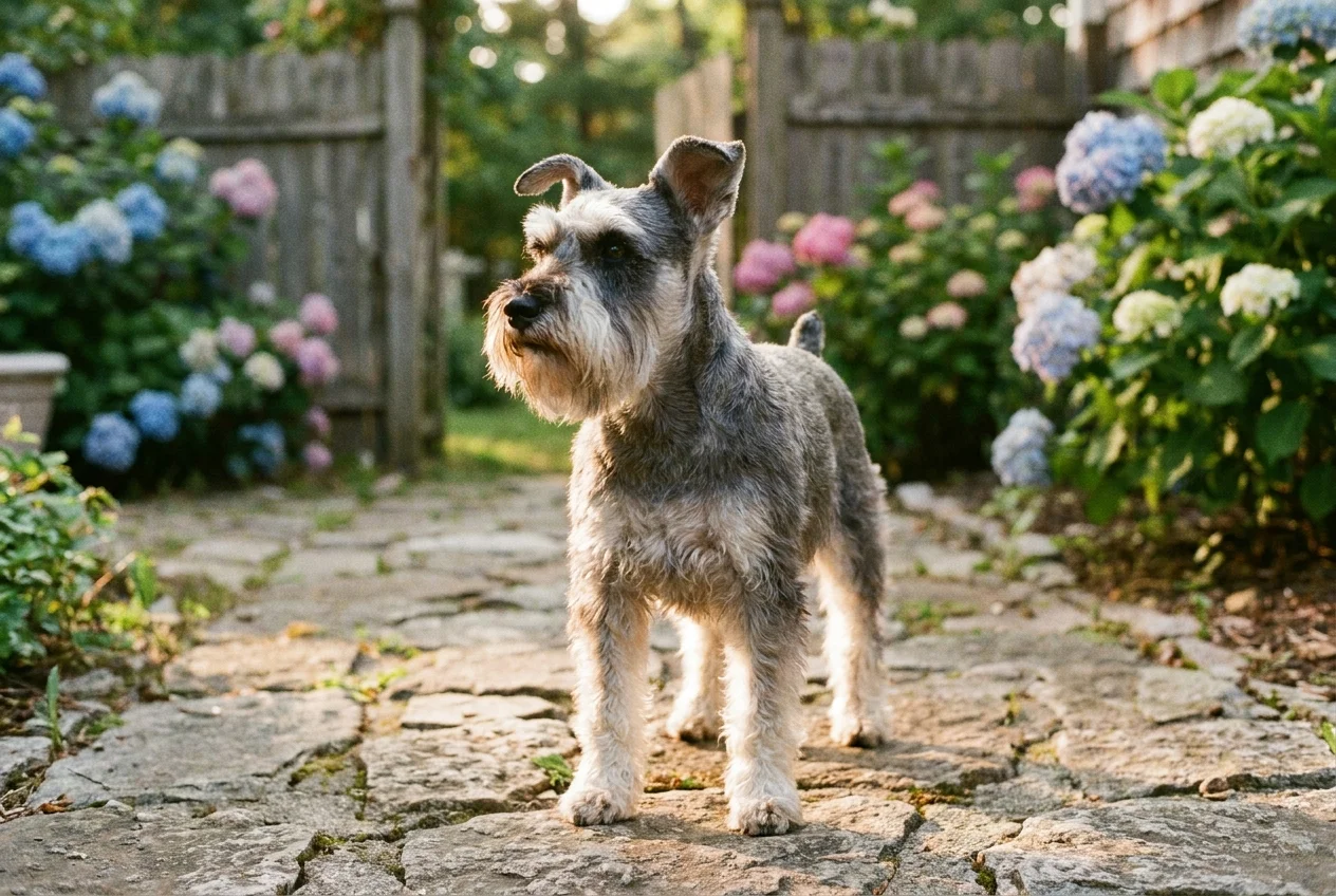 A Miniature Schnauzer with its characteristic beard standing alert in a garden.