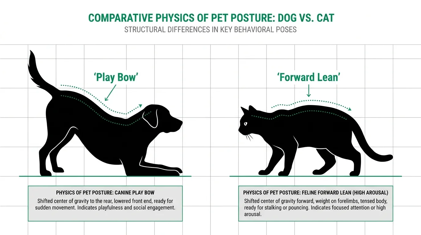 A minimalist diagram comparing the body mechanics of a dog's play bow versus a cat's forward lean.
