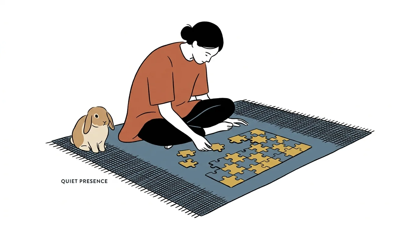 A minimalist illustration of a person doing a puzzle on the floor with a rabbit sitting calmly beside them.