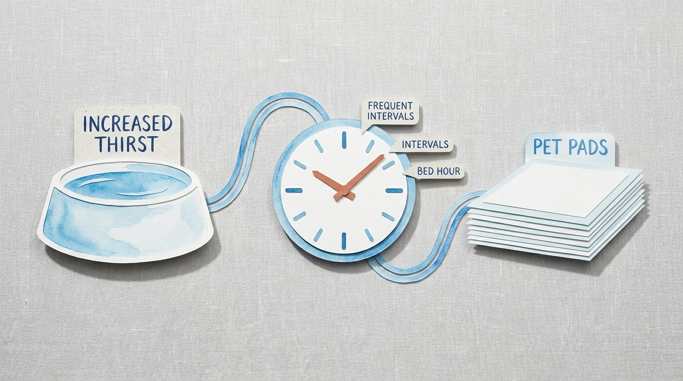 A minimalist infographic showing a water bowl, a clock, and pet pads, representing management of increased thirst.