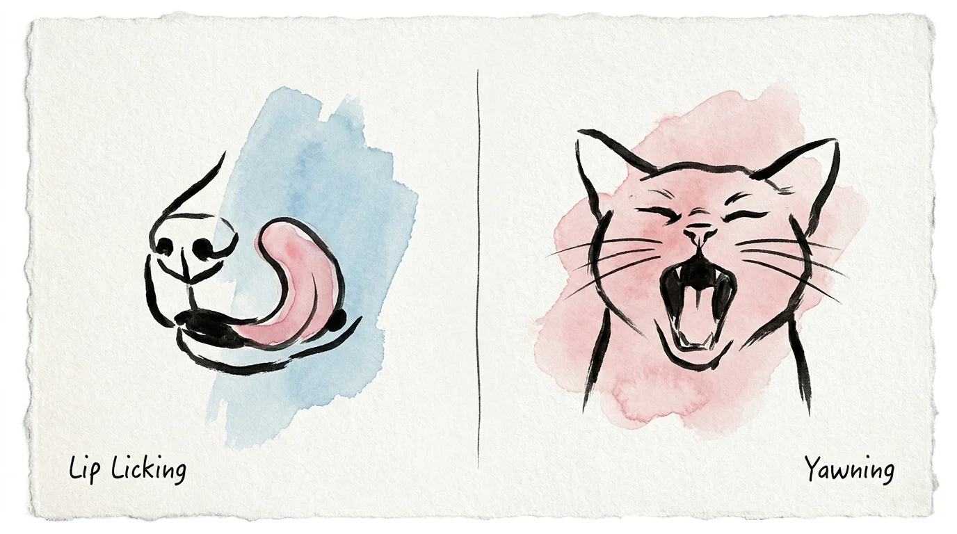 A minimalist two-panel illustration showing a dog licking its lips and a cat yawning as calming signals.