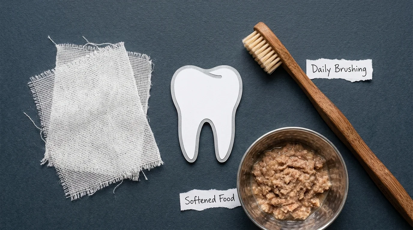 A mixed-media collage featuring a pet toothbrush, soft food, and dental gauze to represent senior pet oral care.