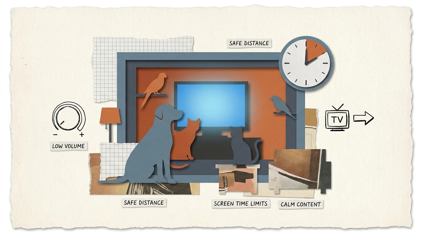 A mixed-media collage featuring icons for low volume, time limits, and safe distances for pets watching TV.