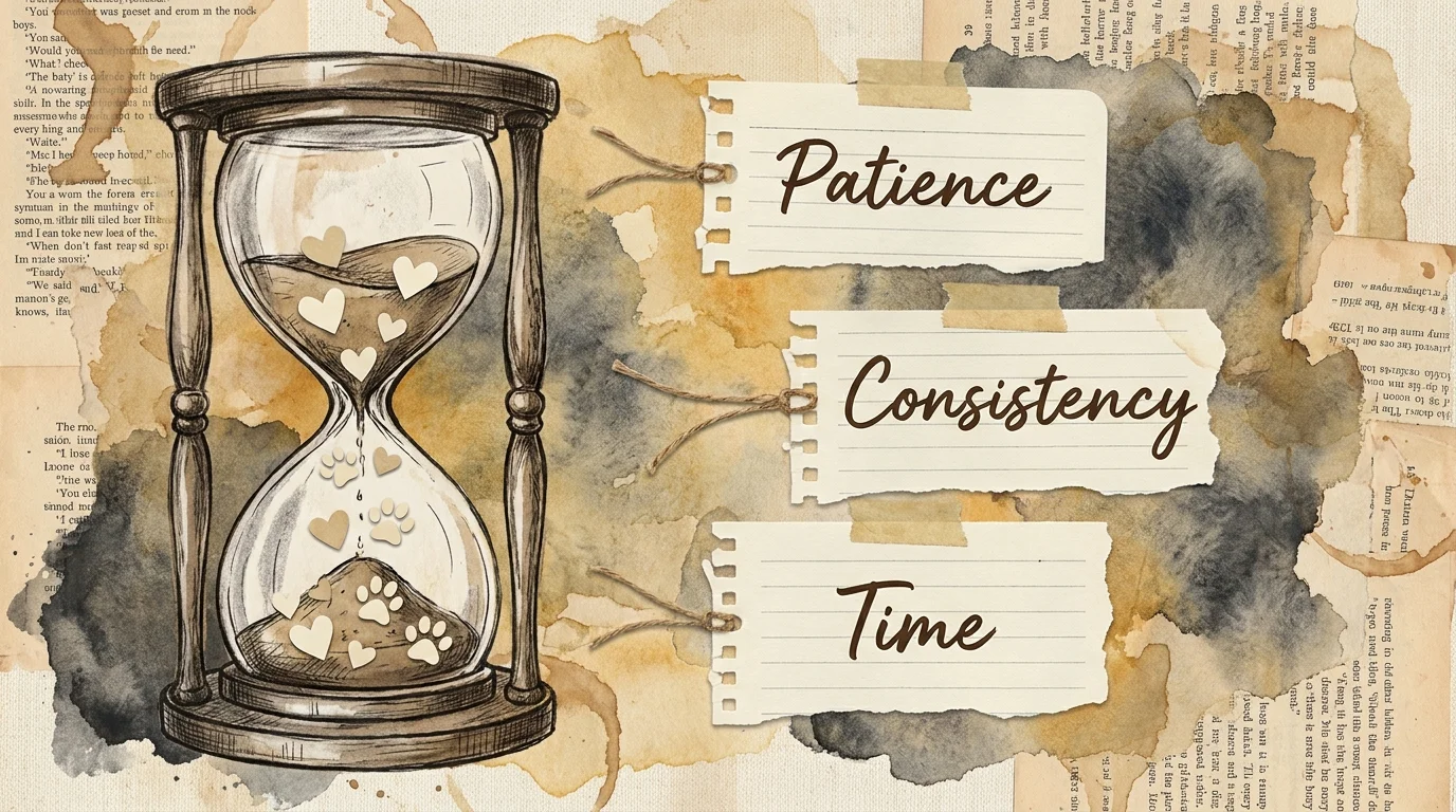 A mixed-media collage with an hourglass and the words 'Patience' and 'Time,' representing the process of building a pet bond.