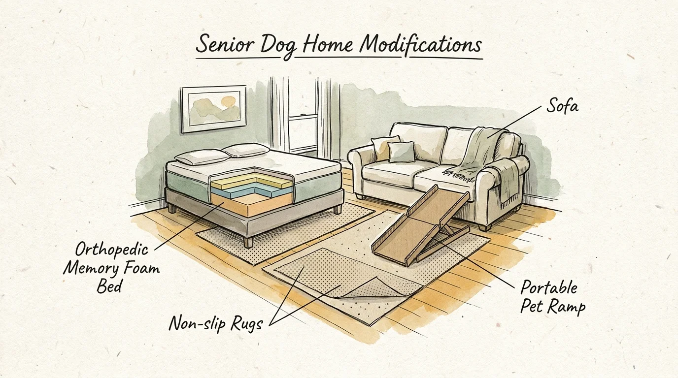 A mixed media diagram showing home modifications like orthopedic beds, non-slip rugs, and ramps for senior pets.