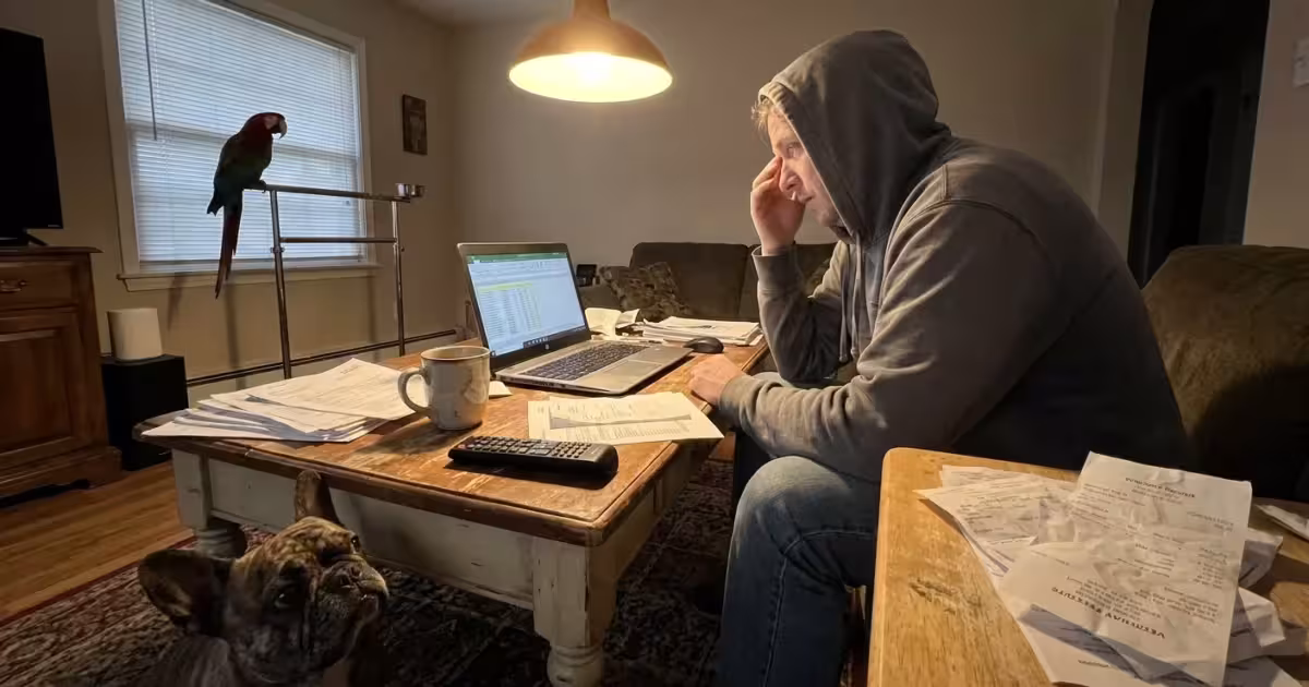 A person at a kitchen table surrounded by pet bills with a bulldog at their feet, captured in a realistic home setting.