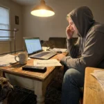 A person at a kitchen table surrounded by pet bills with a bulldog at their feet, captured in a realistic home setting.