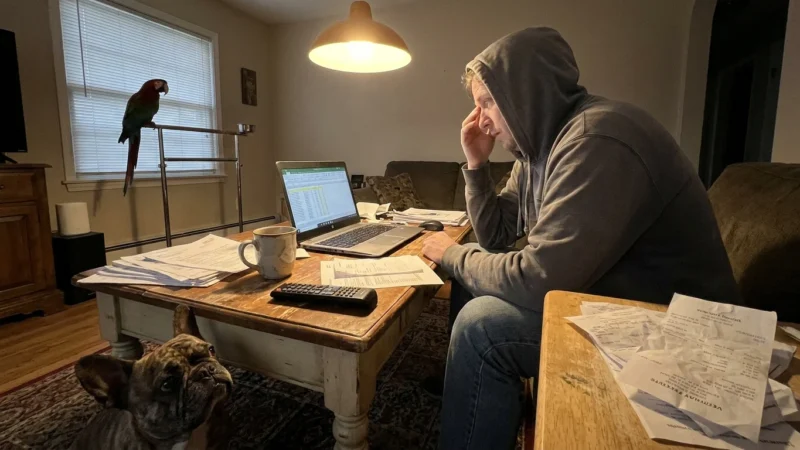 A person at a kitchen table surrounded by pet bills with a bulldog at their feet, captured in a realistic home setting.