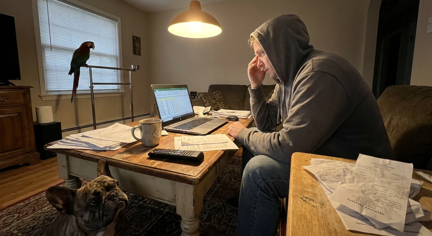 A person at a kitchen table surrounded by pet bills with a bulldog at their feet, captured in a realistic home setting.