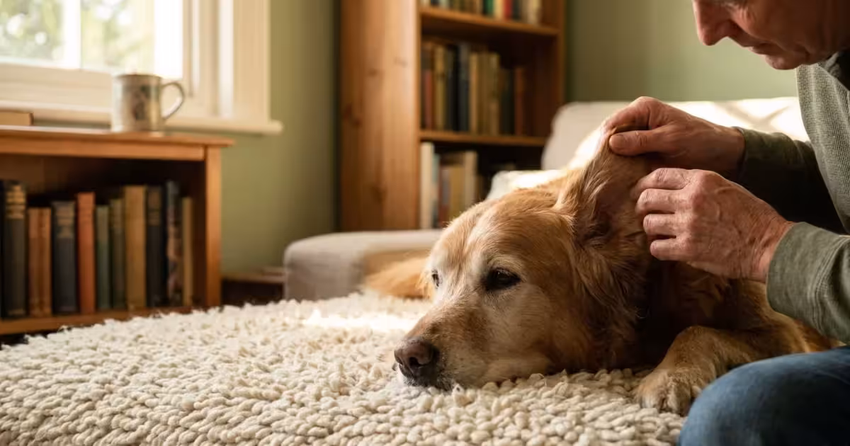A person gently examines a senior Golden Retriever's ear in a sunlit living room, symbolizing careful pet health observation.