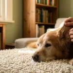 A person gently examines a senior Golden Retriever's ear in a sunlit living room, symbolizing careful pet health observation.