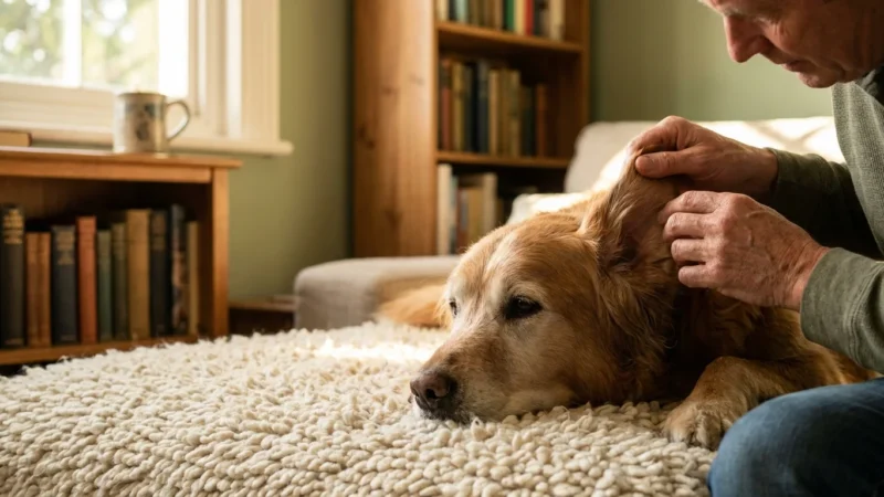 A person gently examines a senior Golden Retriever's ear in a sunlit living room, symbolizing careful pet health observation.