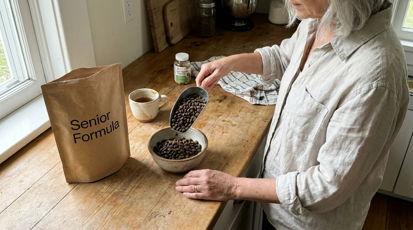 A person measuring senior-specific pet food into a bowl on a sunlit kitchen counter.