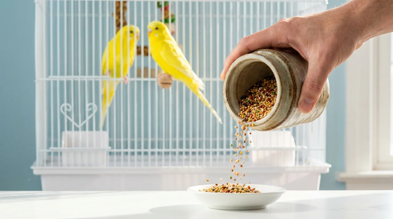 A person pouring birdseed into a dish with two yellow budgies visible in a sunny cage in the background.
