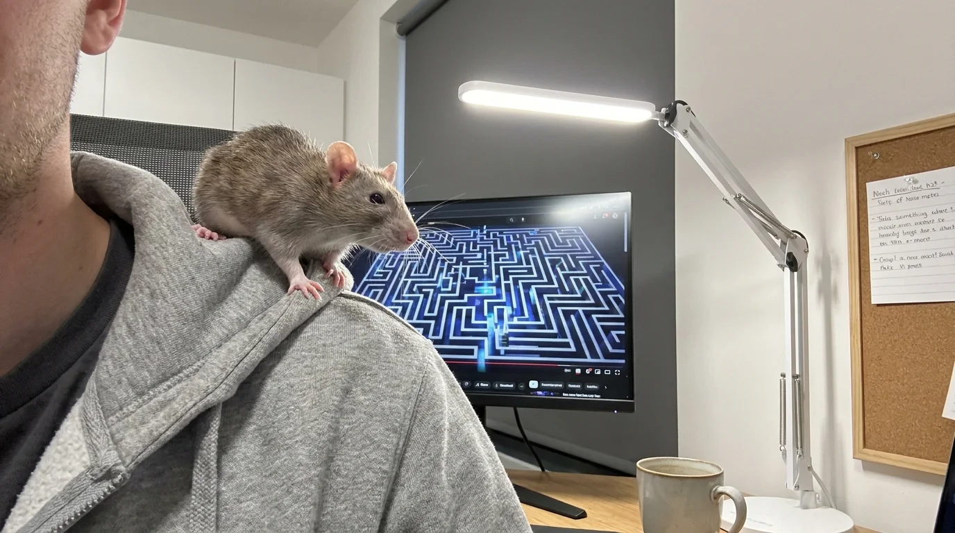 A pet rat sits on a person's shoulder, looking curiously at a computer screen showing a puzzle.