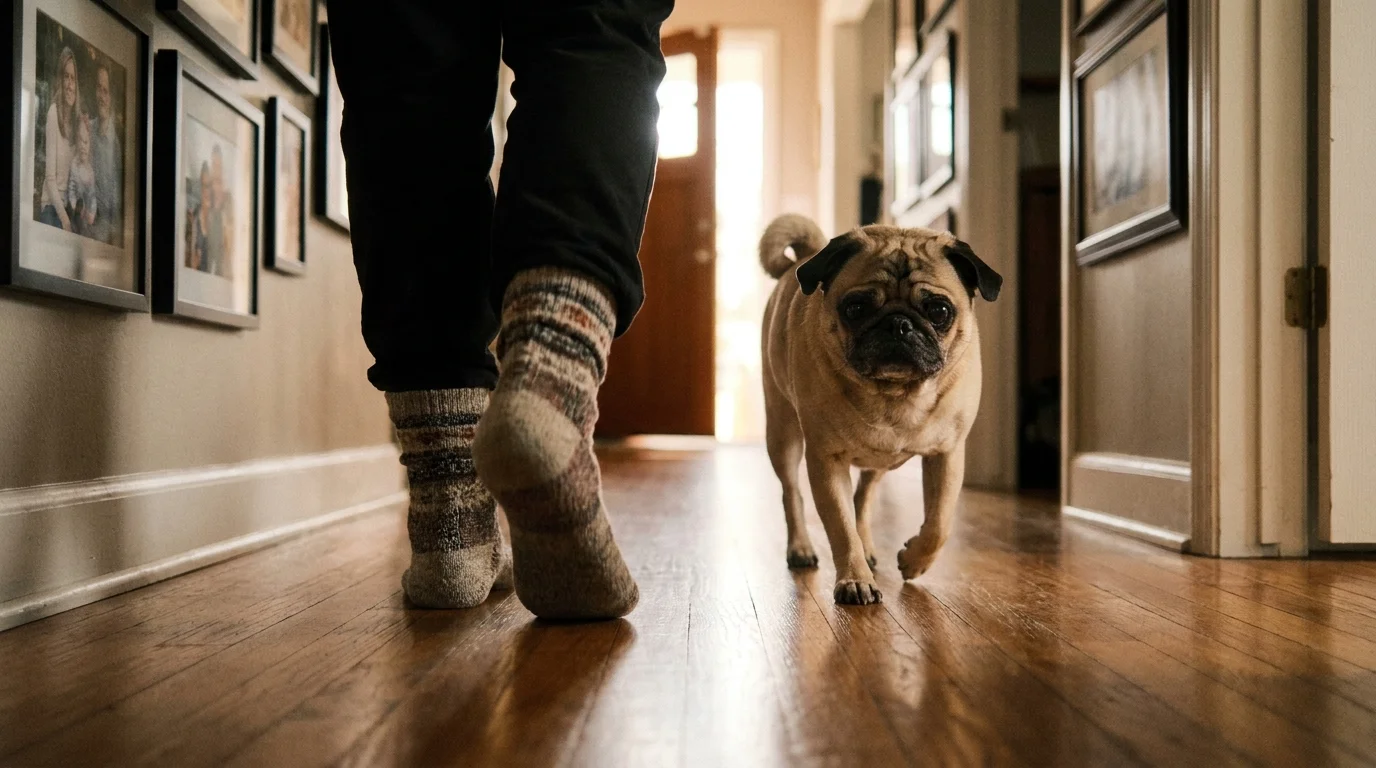 A pug follows closely behind its owner's feet as they walk down a sunlit hallway.
